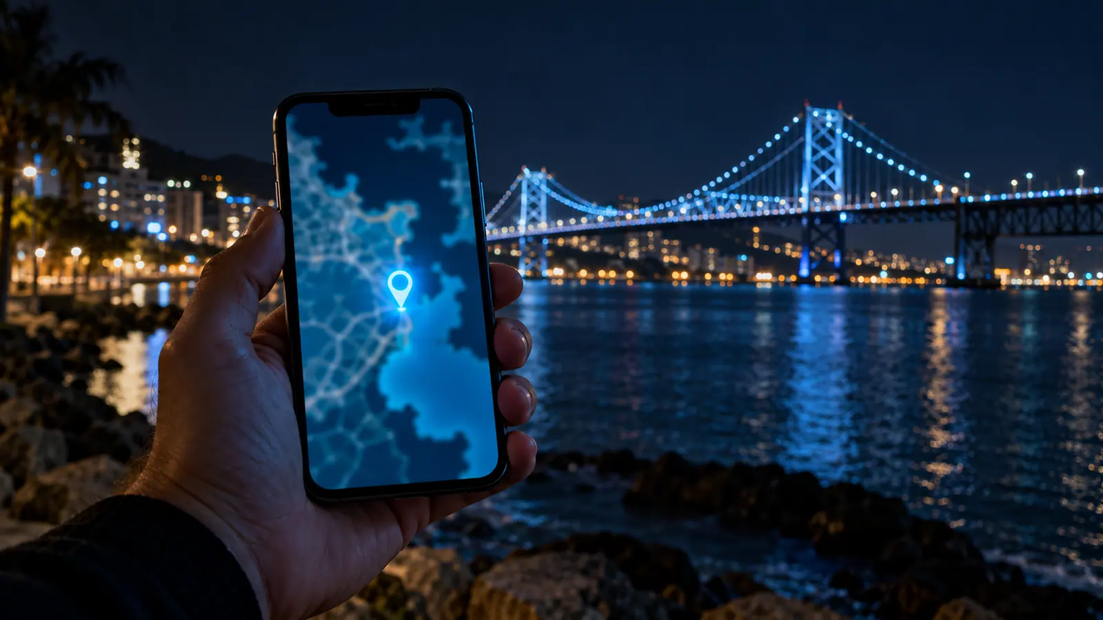 Celular mostrando um mapa de Florianópolis com a ficha de uma empresa local aberta na tela