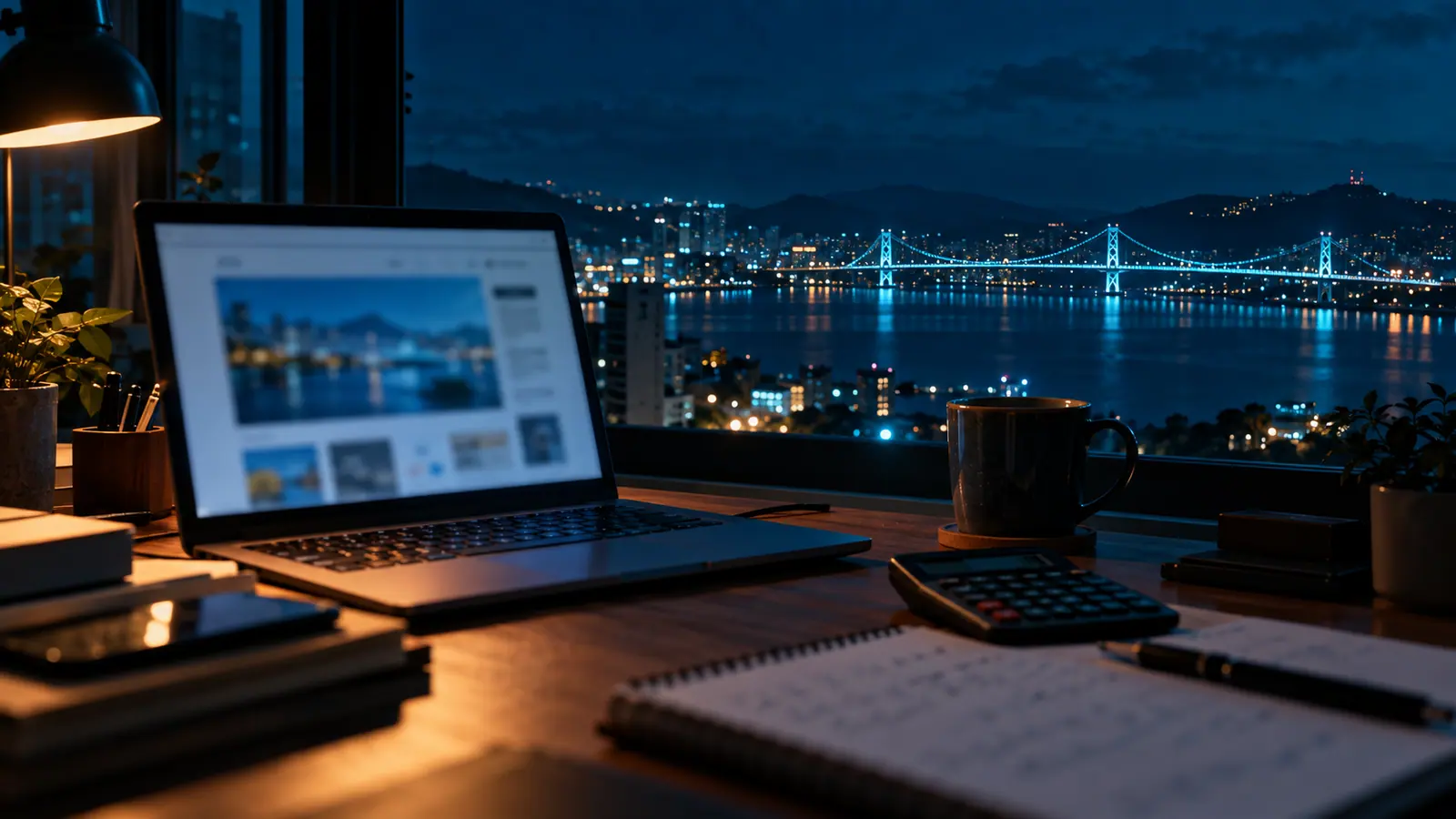 Mesa de escritório com notebook aberto mostrando um site de empresa, calculadora e caderno com anotações de orçamento